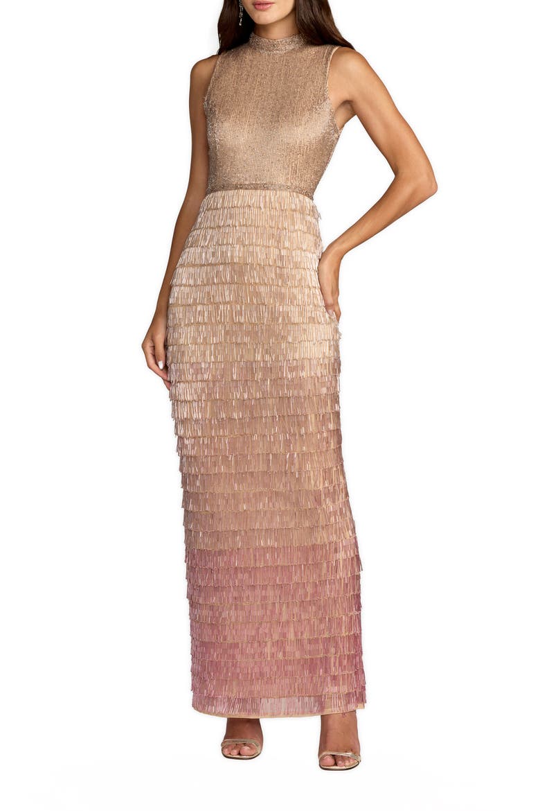 Sleeveless Beaded Mock Neck Fringe Column Gown, Main, color, Pink Ombre