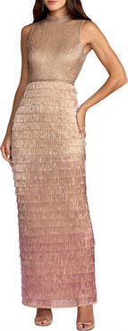 Mac Duggal Sleeveless Beaded Mock Neck Fringe Column Gown