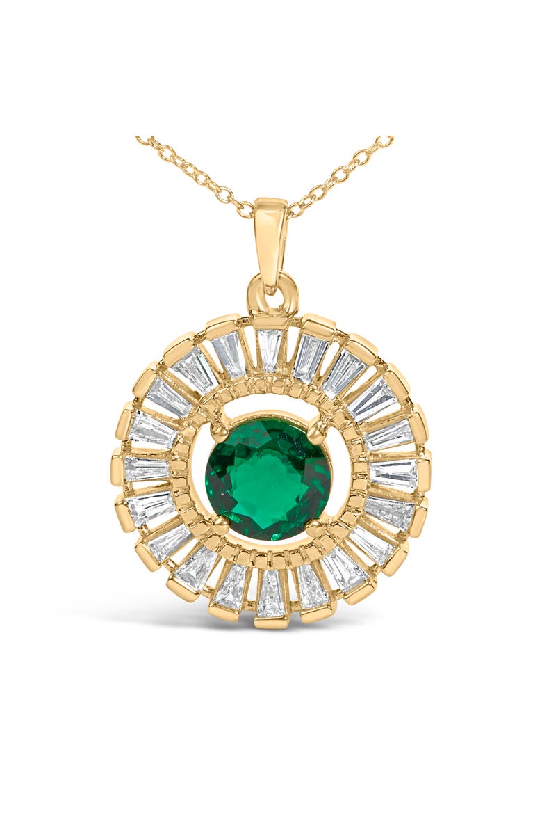 14K Yellow Gold Plated Silver Lab Grown Emerald and Diamond Sunburst Medallion Pendant Necklace, Alternate, color, Yellow Gold over Silver