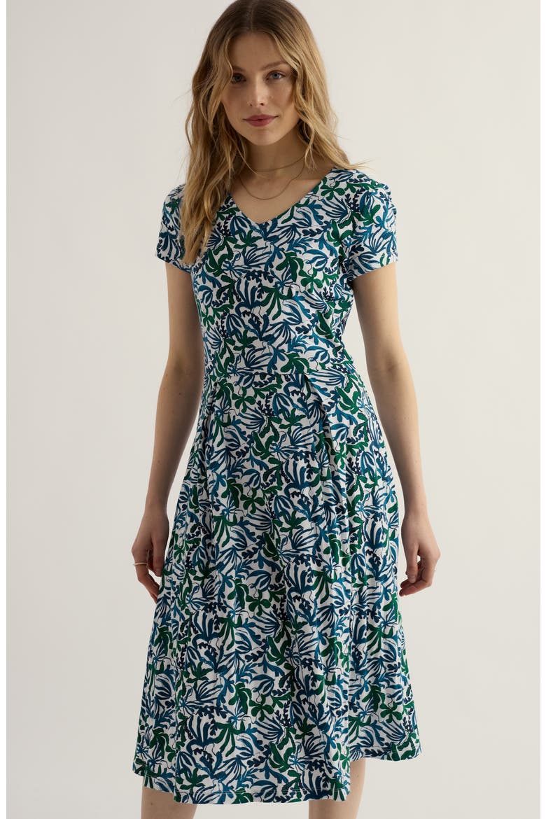 Pier View Frond Print Flare Stretch Organic Cotton Dress, Alternate, color, INKY FRONDS CHALK