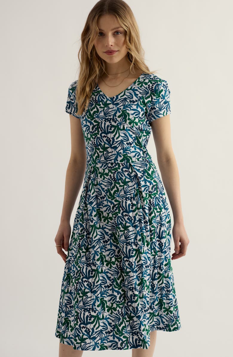 Seasalt Cornwall Pier View Frond Print Flare Stretch Organic Cotton Dress, Alternate, color, Inky Fronds Chalk