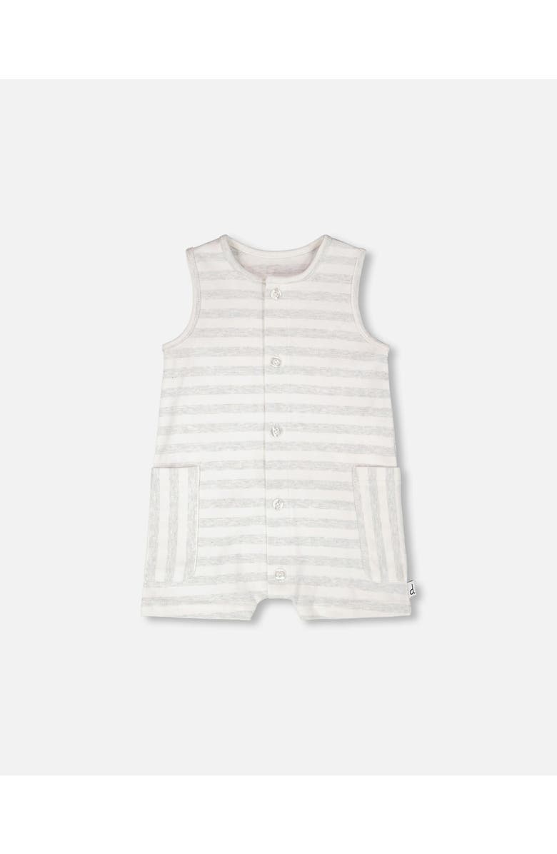 Deux par Deux Sleeveless Cotton Striped Romper, Main, color, White & Grey Stripes