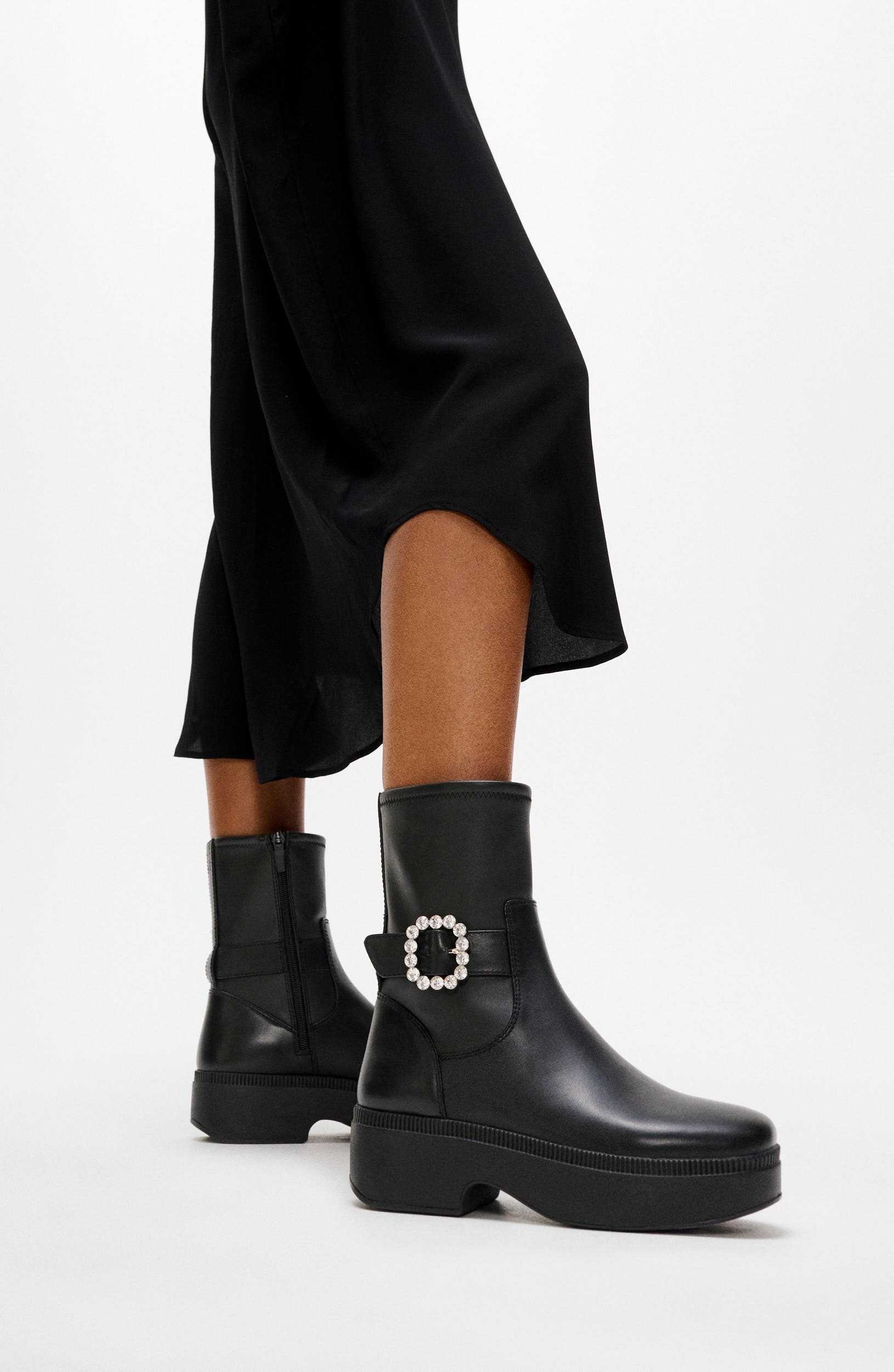 F-Luma Crystal Buckle Leather Bootie, Alternate, color, BLACK