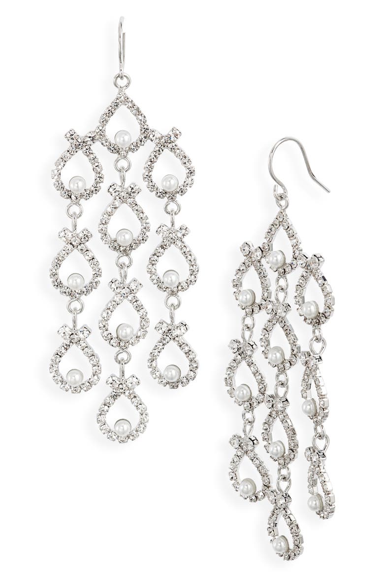 Open Crystal & Imitation Pearl Drop Earrings, Main, color, CRYSTAL/ PEARL/ RHODIUM