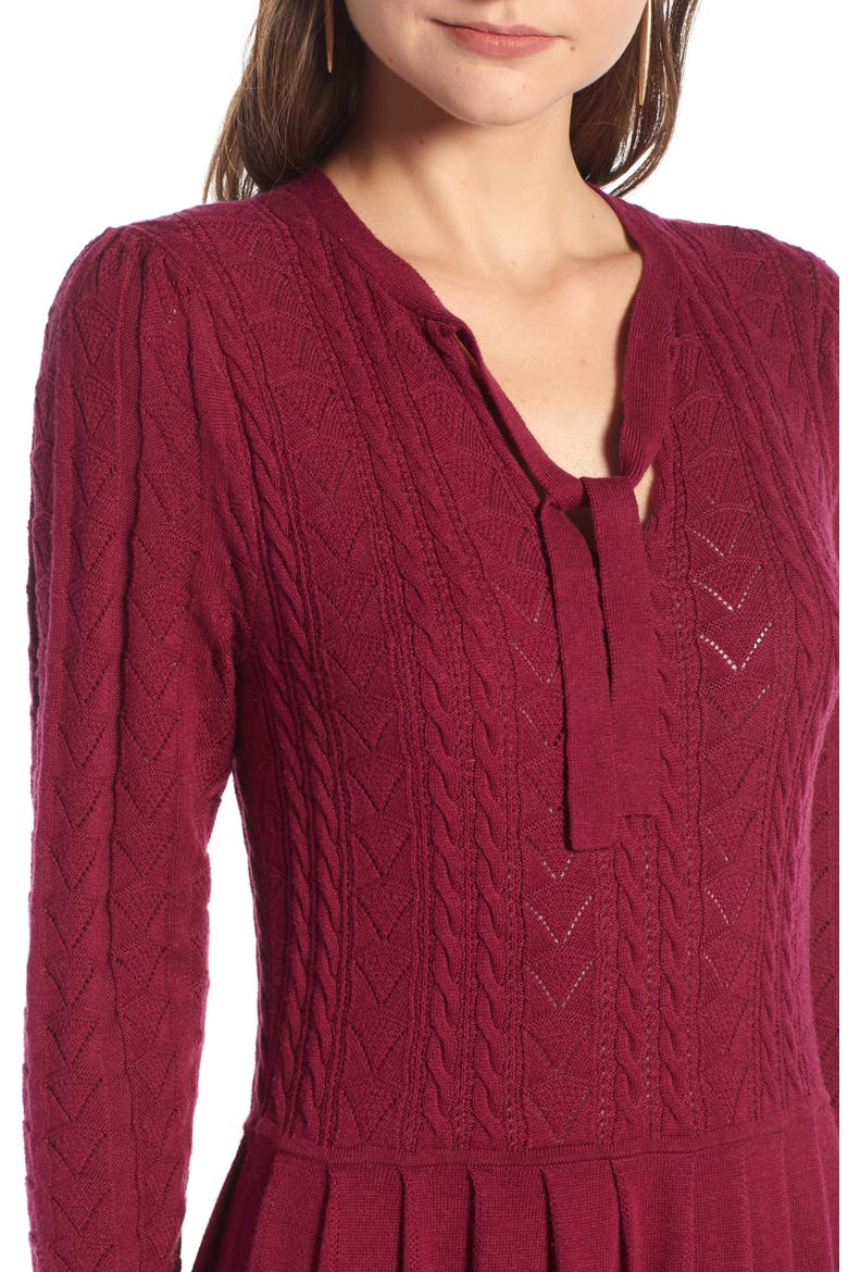 Tie Neck Cotton Blend Sweater Dress, Alternate, color, BURGUNDY PLUM
