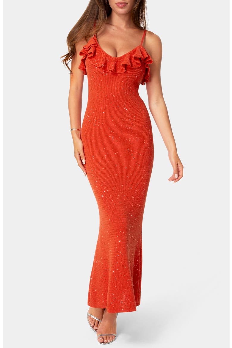 Sequin Knit Ruffle Trim Maxi Dress, Main, color, RED