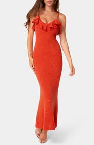 bebe Sequin Knit Ruffle Trim Maxi Dress
