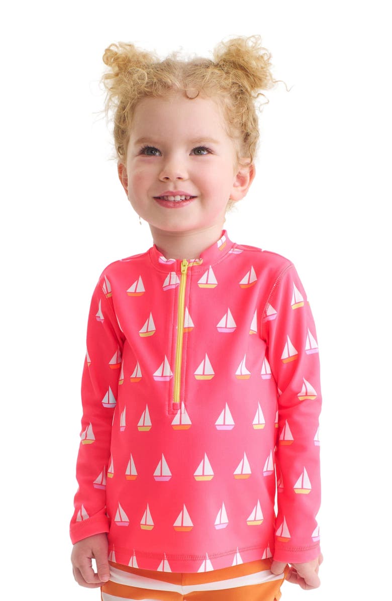 Primary Kids Half-Zip Rash Guard, Alternate, color, Bright Azalea Sailboats