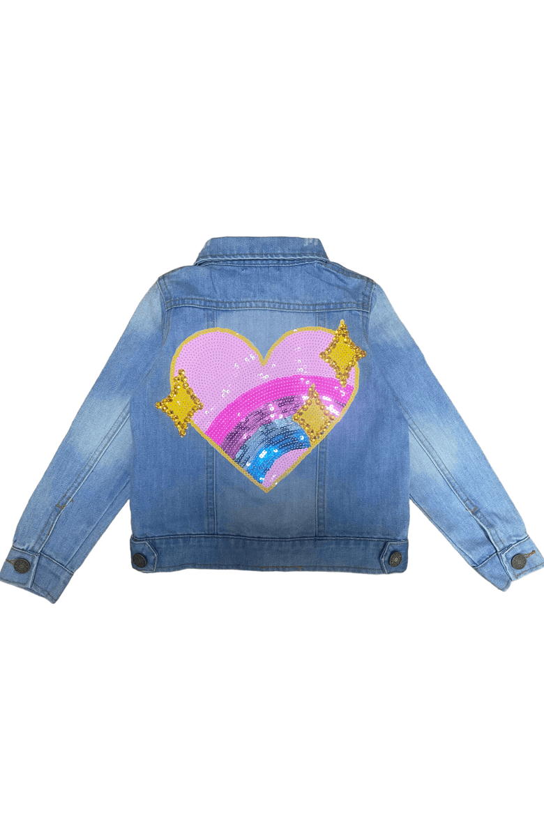 Lola + The Boys Sparkle Rainbow Heart Denim Jacket, Main, color, 