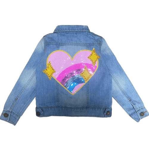 Lola + The Boys Sparkle Rainbow Heart Denim Jacket in Blue 