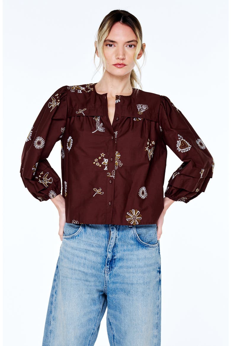 Liliane Embroidered Cotton Poplin Shirt, Alternate, color, BROWN