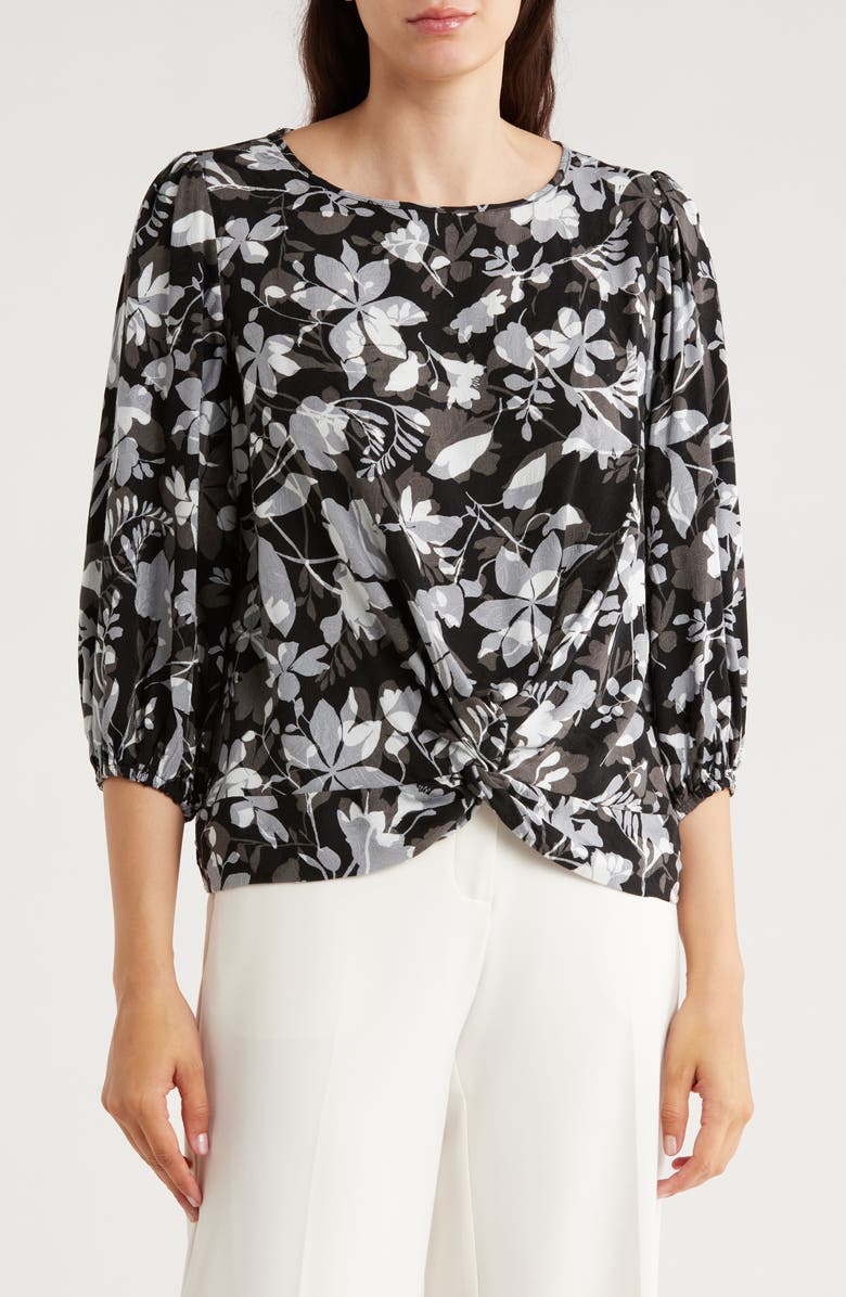 Renee C Floral Balloon Sleeve Twist Front Top, Main, color, Black