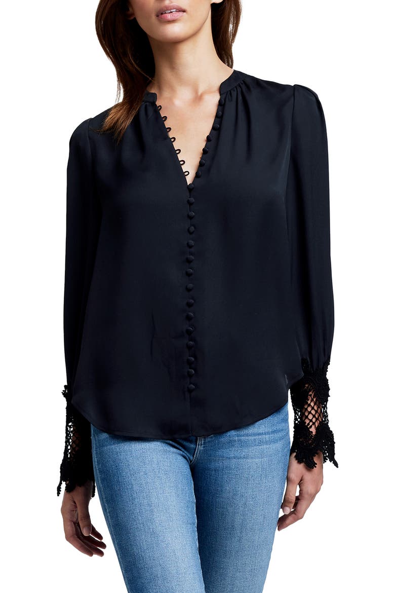 Ava Lace Cuff Button-Up Blouse, Main, color, BLACK