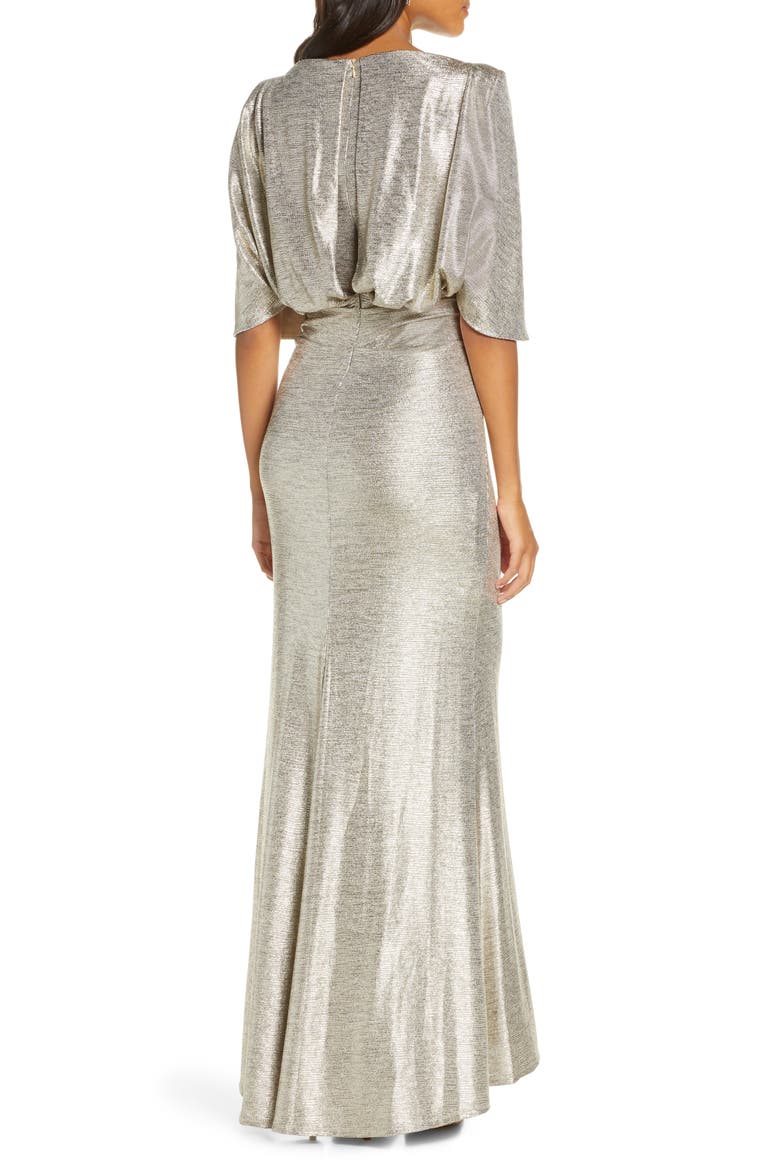 Capelet Sleeve Ruched Evening Gown, Alternate, color, GOLD