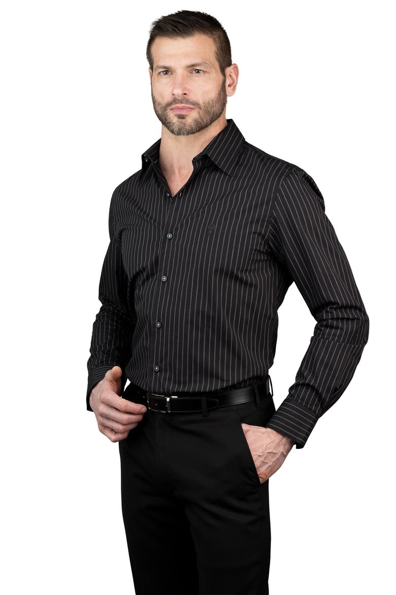 Trim Fit Pinstripe Cotton Dress Shirt, Alternate, color, GRAY