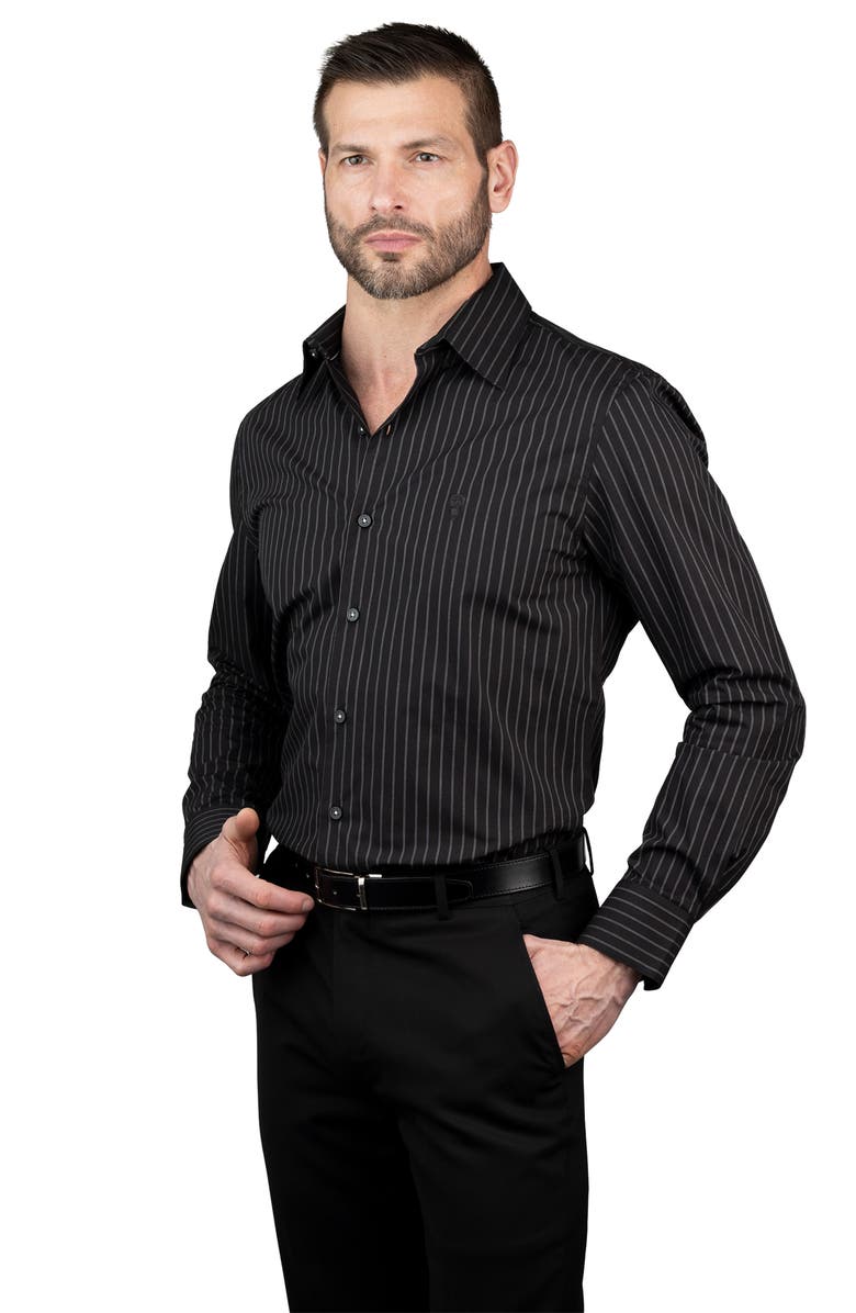 KARL LAGERFELD Trim Fit Pinstripe Cotton Dress Shirt, Alternate, color, Gray