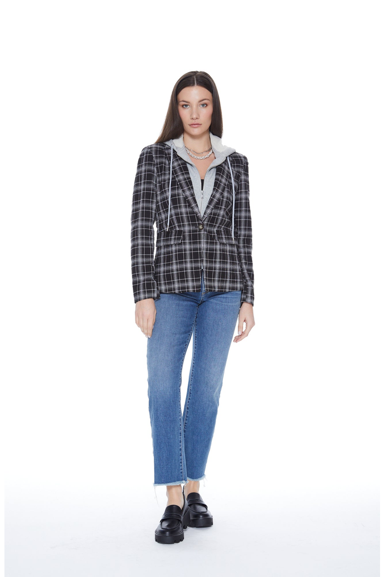 Hooded Helen Blazer in Black Plaid and Heather Cement, Alternate, color, Black Plaid / Heather Cement