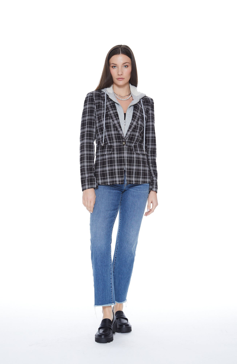 BLUE REVIVAL Hooded Helen Blazer in Black Plaid and Heather Cement, Alternate, color, Black Plaid / Heather Cement