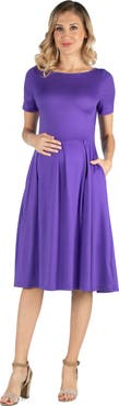 24seven Comfort Apparel Maternity Midi Dress with Short Sleeve and Pocket Detail