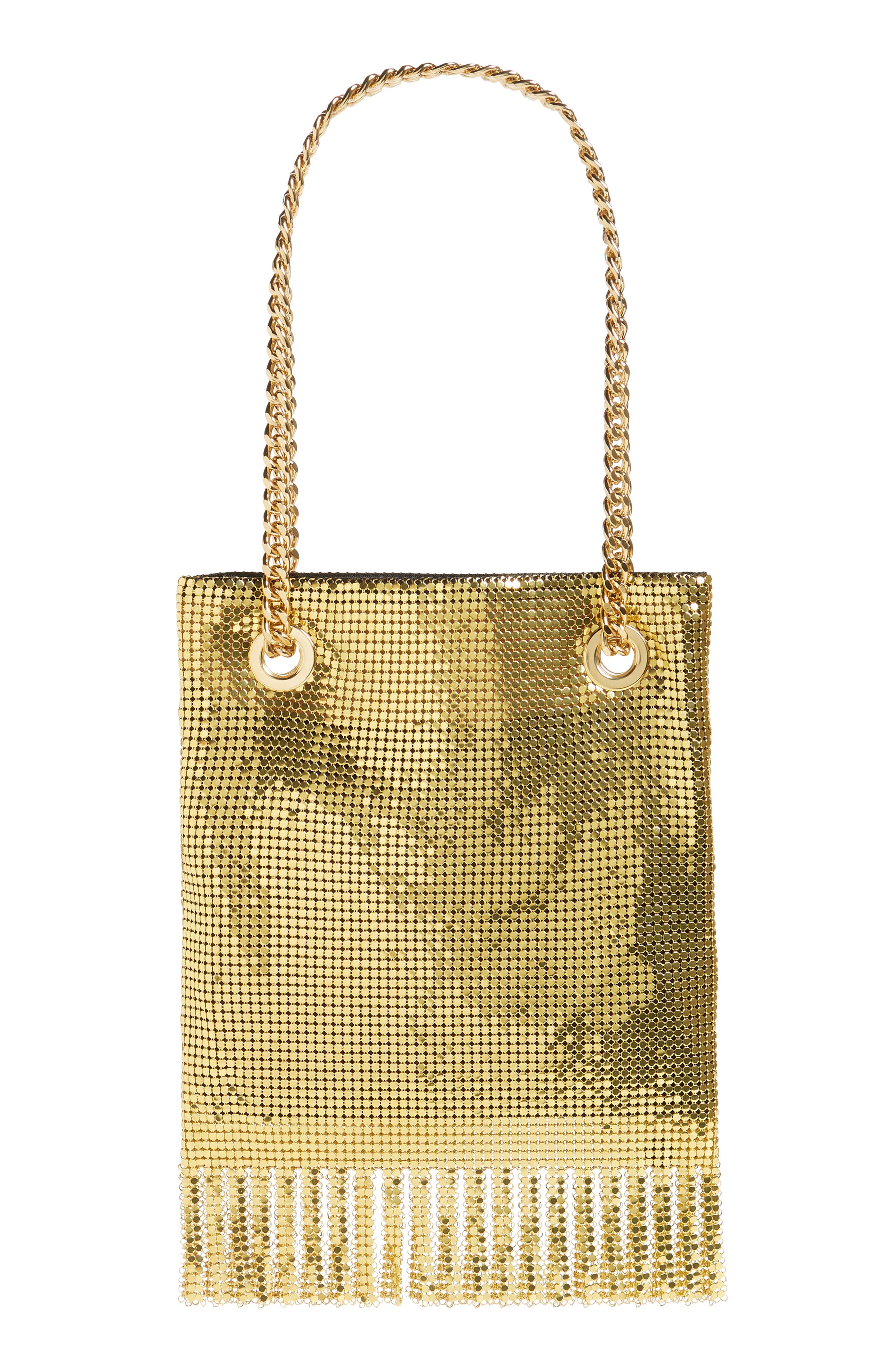Moschino Logo Metallic Mesh Fringe Bag, Alternate, color, 