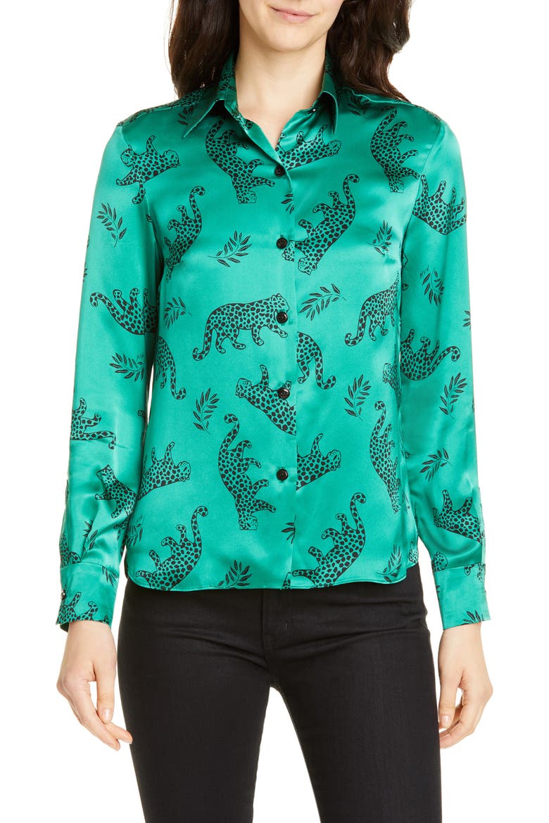 Cristina Silk Blouse, Main, color, GREEN SHINY TARZAN LEOPARD
