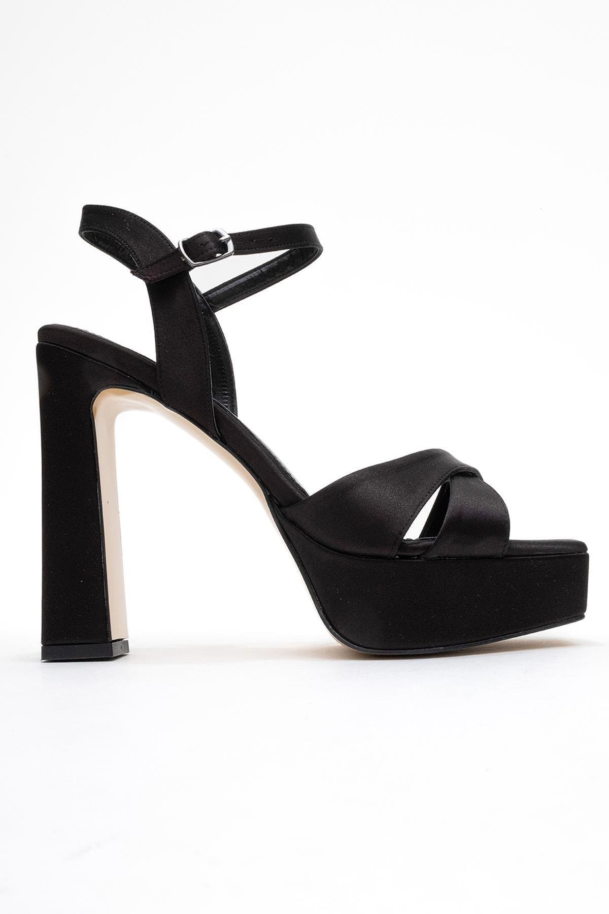Prologue Shoes Yulia Cross-Strap Platform Heel Sandal, Alternate, color, Black Satin