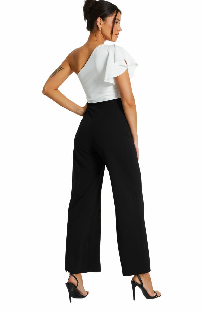 QUIZ Black & White Scuba Crepe One Shoulder Jumpsuit, Alternate, color, 