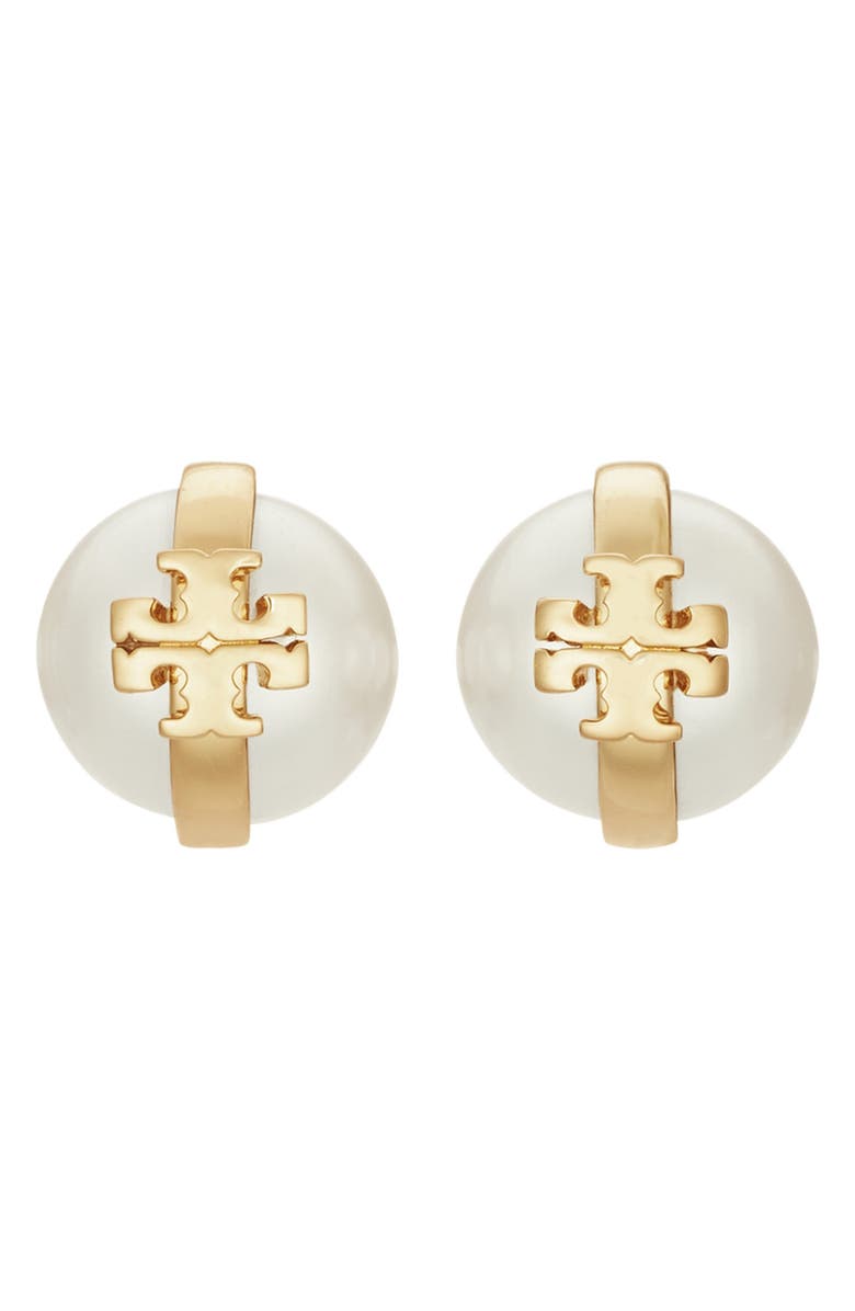Tory Burch Moondance Faux Pearl Stud Earrings, Main, color, Light Brass / Pearl