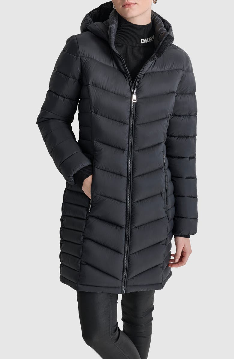 DKNY Cire Packable Hooded Longline Puffer Jacket, Alternate, color, Black