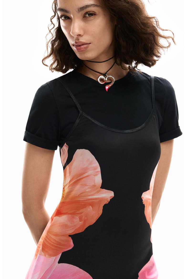Floral Print Short Sleeve Minidress, Alternate, color, BLACK