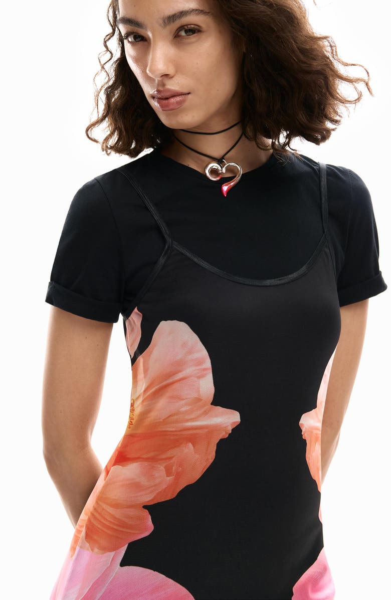 Desigual Floral Print Short Sleeve Minidress, Alternate, color, Black