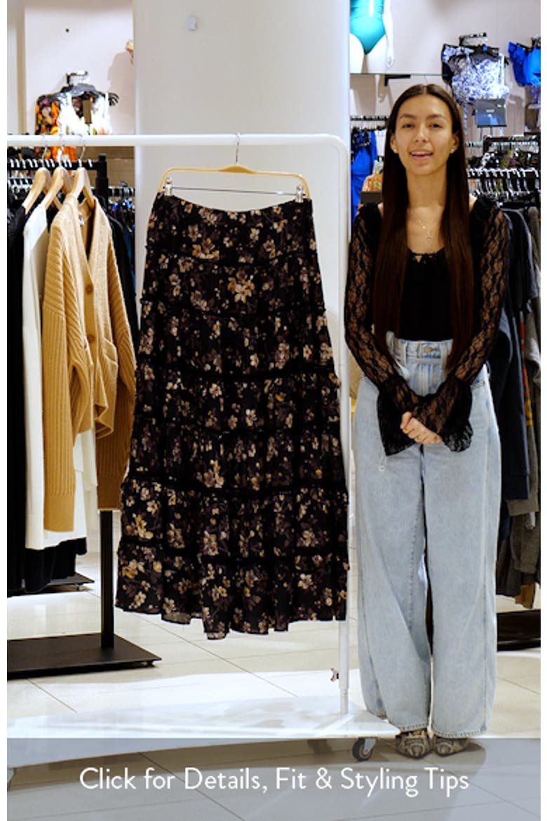 AllSaints Talia Floral Print Ruffle Lace Maxi Skirt (Women