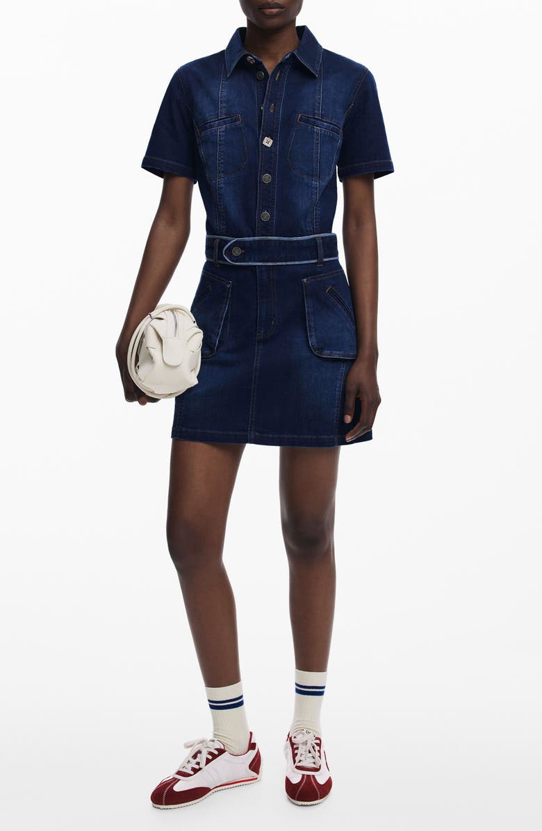 Desigual Belted Denim Mini Shirtdress, Main, color, Dark Blue