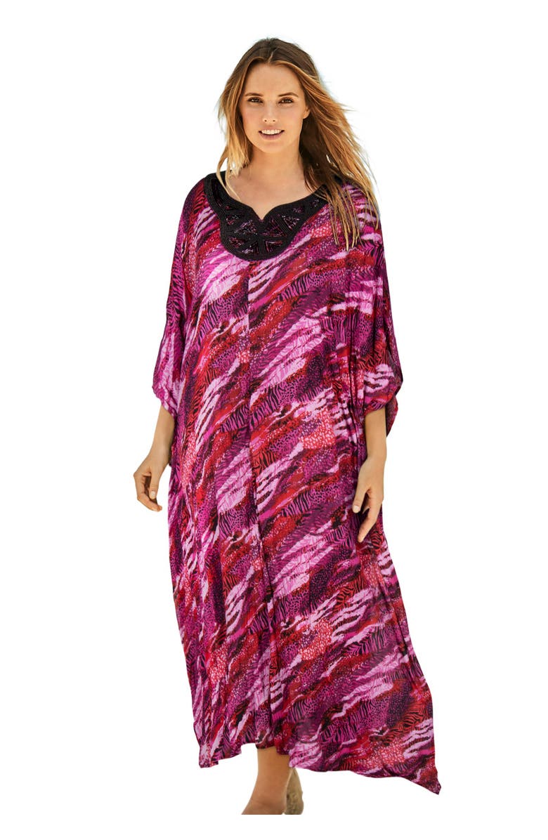 Swim 365 Long Embellished Cover Up, Main, color, Merlot Mixed Animal