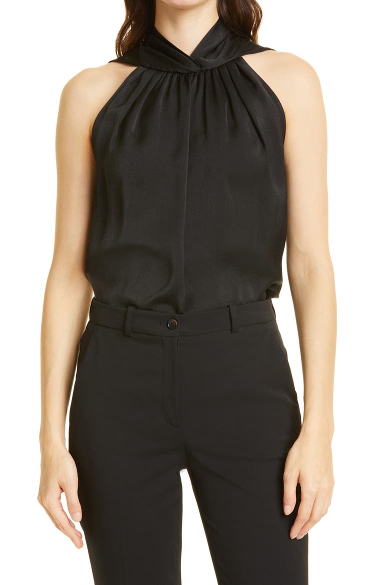 Deanne Hammered Satin Halter Neck Blouse, Main, color, BLACK