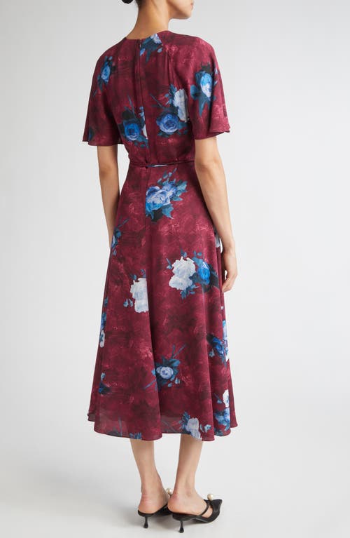 Erdem Abstract Rose Print Short Sleeve Satin Midi Dress In Pink