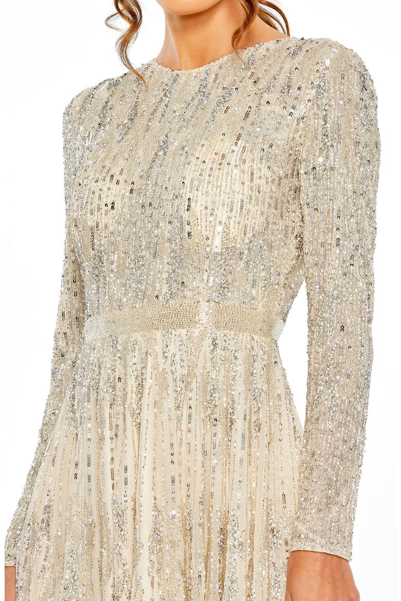 Sequin High Neck Long Sleeve A Line Dress, Alternate, color, IVORY/ SILVER
