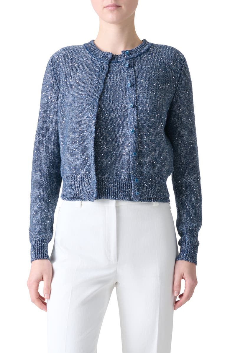 Akris Sequin Knit Linen Blend Cardigan, Main, color, Granite Blue