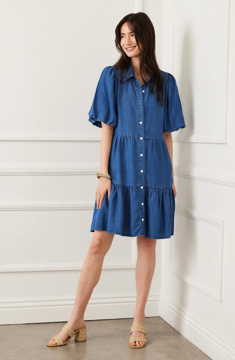 Karen Kane Tiered Denim Shirtdress, Alternate, color, Blue