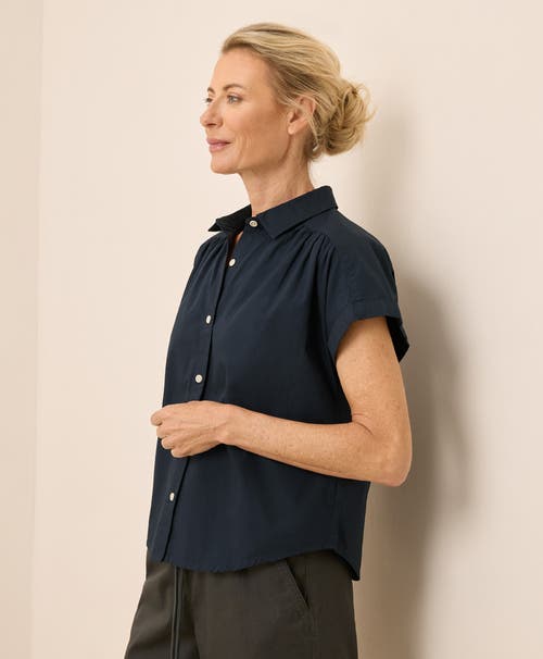 Pact Organic Cotton All Day Poplin Shirred Shirt In Blue