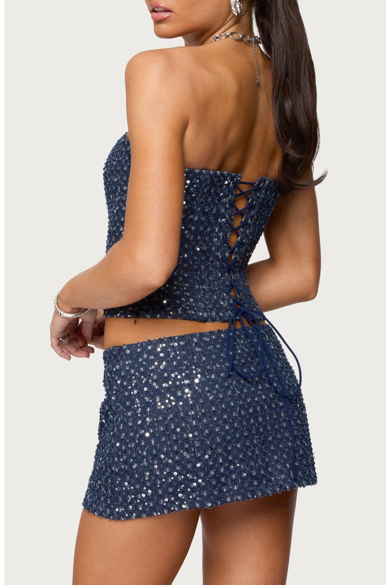 Sora Strapless Denim Crop Top, Alternate, color, DARK-BLUE