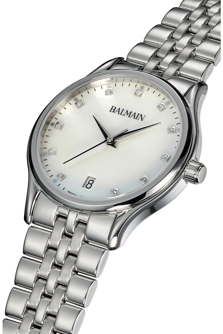 Beleganza Mother-of-Pearl & Diamond Bracelet Watch, 32mm, Alternate, color, STAINLESS STEEL