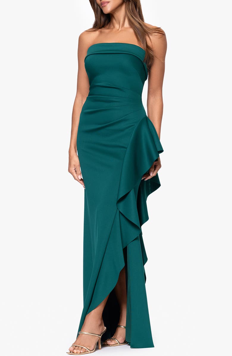 Xscape Evenings Ruffle Strapless Scuba Crepe Gown, Alternate, color, Hunter