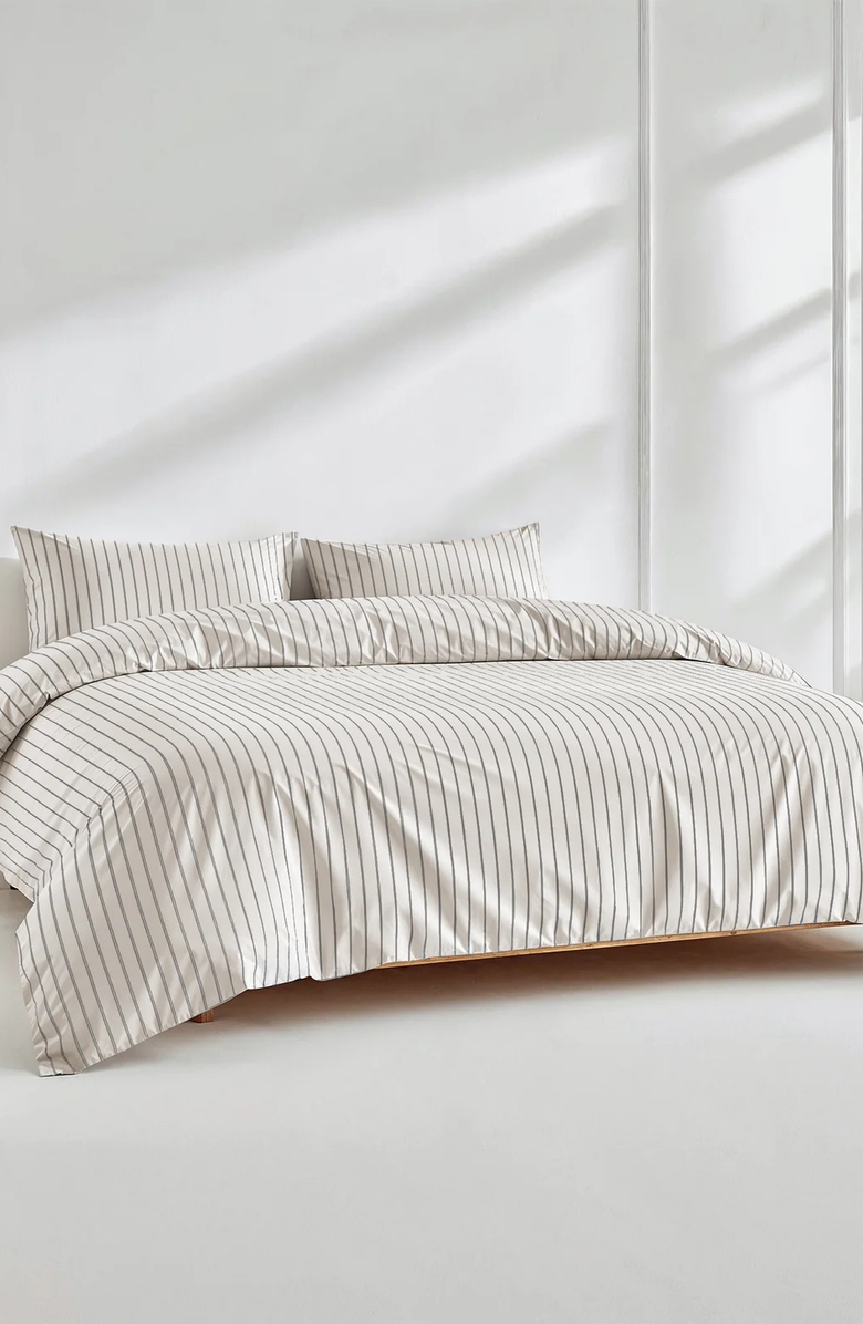 Italic Luxe Australian Sateen Duvet Cover, Alternate, color, Black Mini Stripes