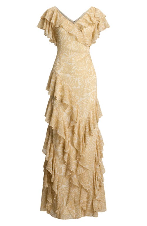 Ralph Lauren Lauren Floral Ruffle Georgette Gown In Cream/tan