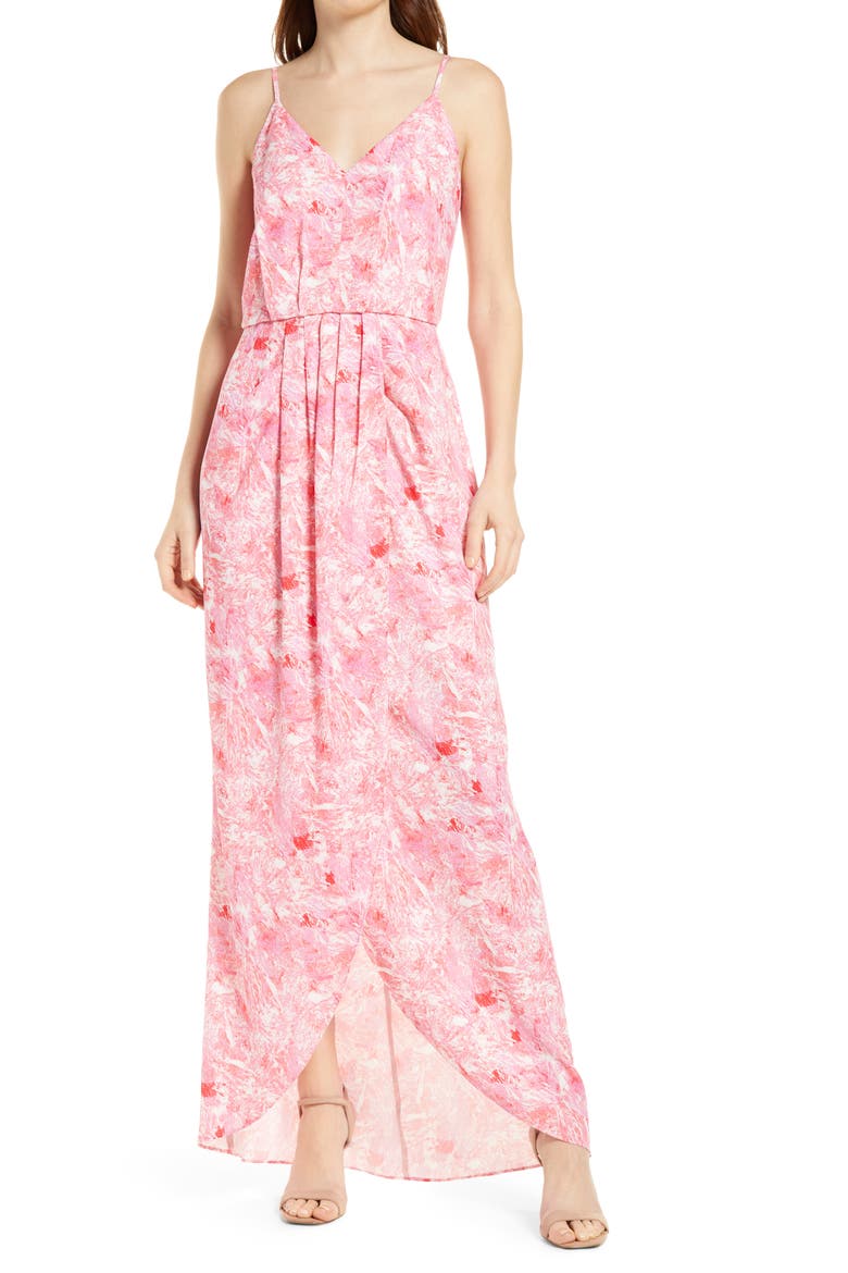Faux Wrap Camisole Dress, Main, color, PINK- RED SPLATTER PAINT