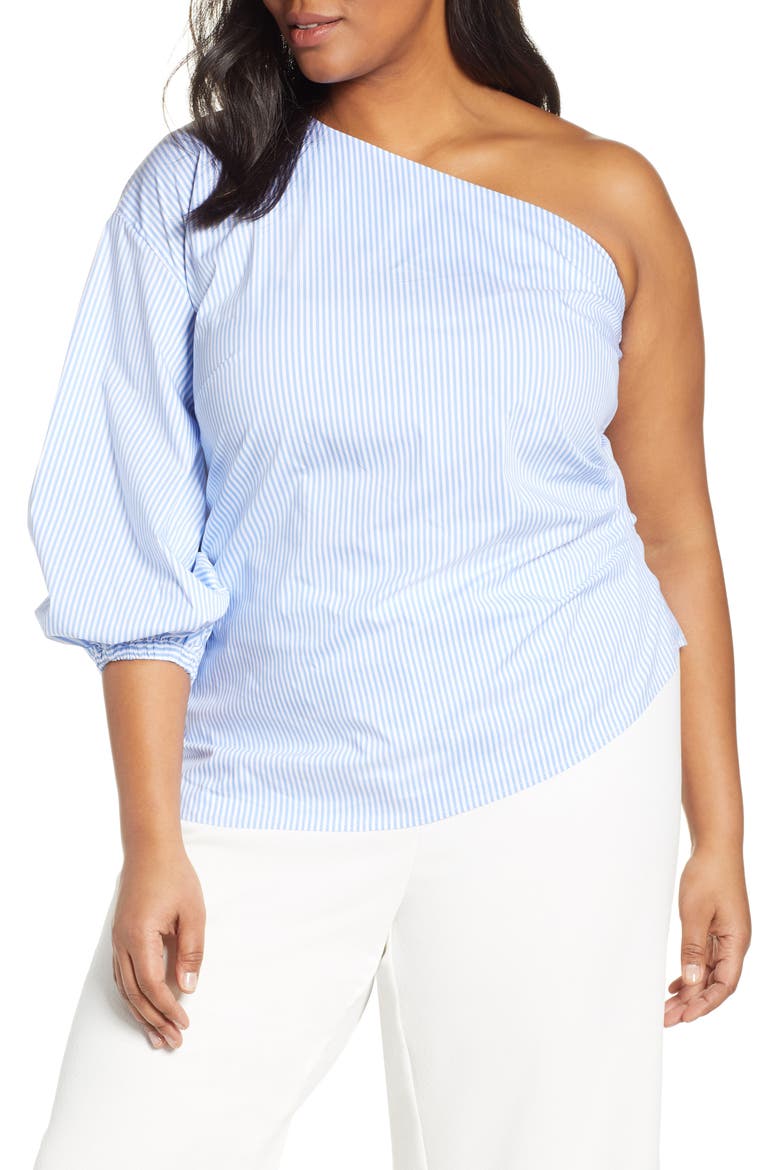 Jason Wu x ELOQUII One-Shoulder Puff Sleeve Blouse, Main, color, BLUE/ WHITE