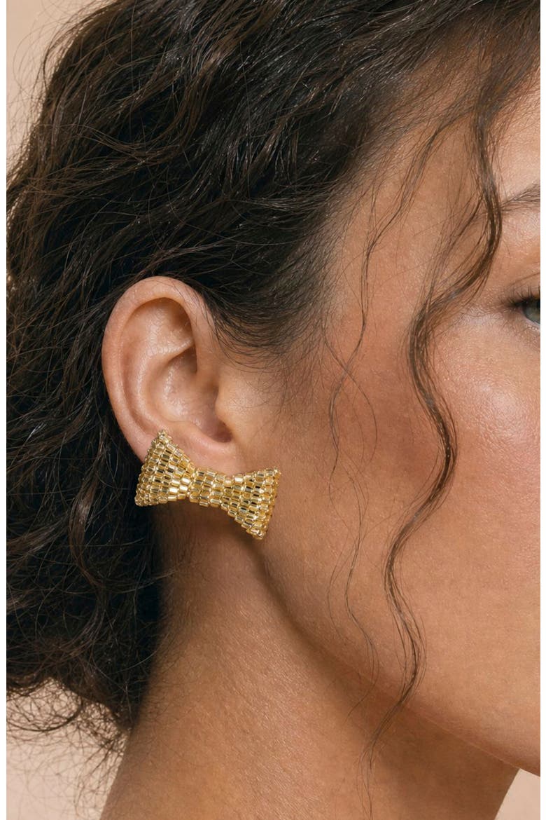 Bow Beaded Stud Earrings, Alternate, color, GOLD