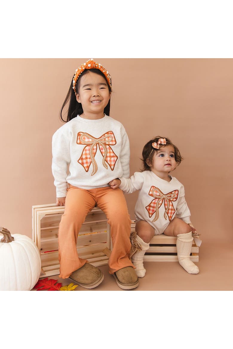 Cinnamon Plaid Bow Patch Long Sleeve Romper, Alternate, color, Natural