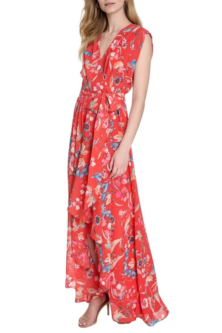 Floral Surplice Neck Sleeveless High-Low Dress, Alternate, color, RED MULTI